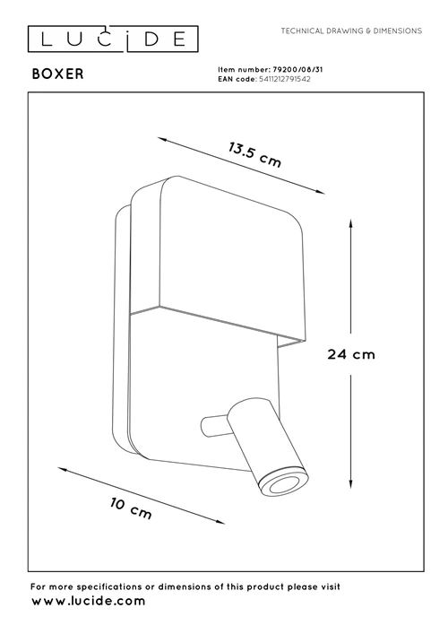 Lucide BOXER - Bettlampe / Wandleuchte - LED - 3000K - Mit USB-Ladepunkt - Weiß - technisch